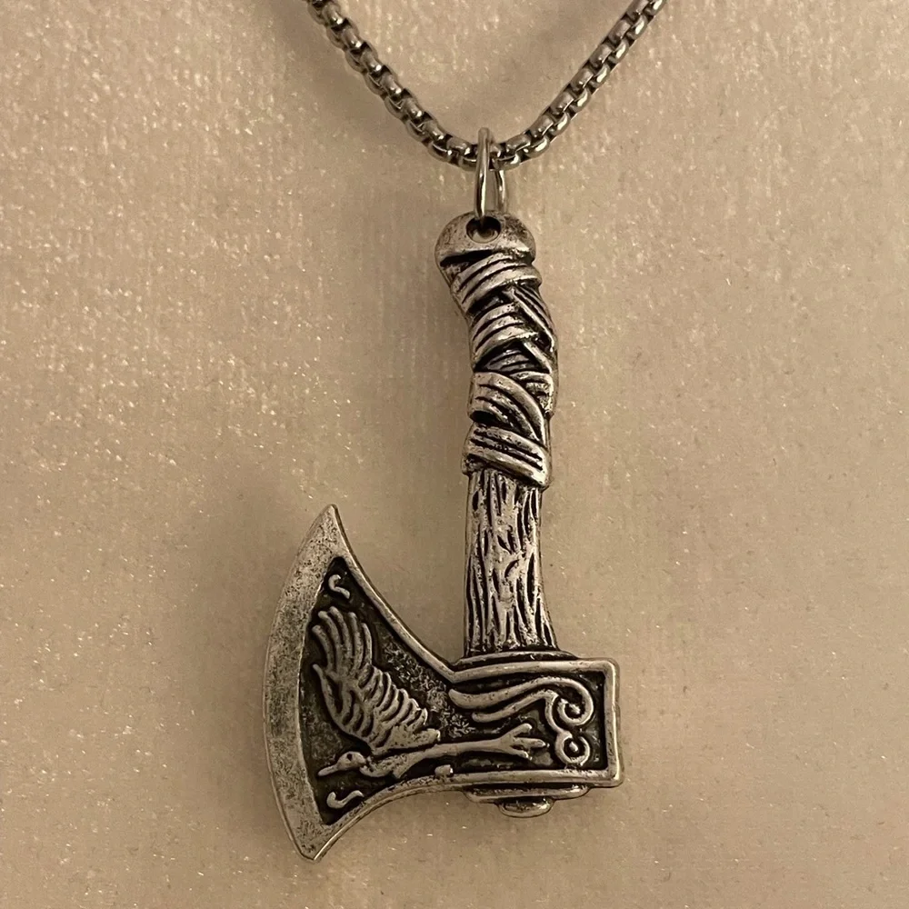 Nordic Viking Axe Necklace with Wolf & Bird